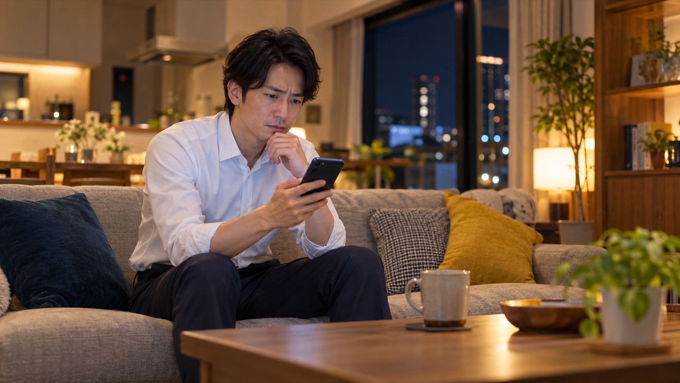 夜のリビングでスマホを見ながら副業について悩む会社員